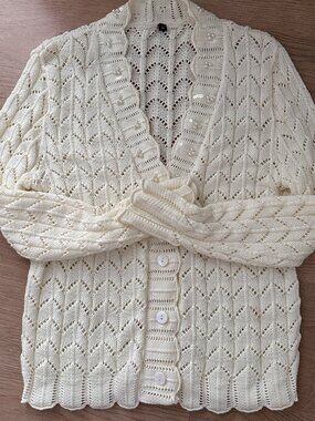 Romantic Feminine Pointelle Knit Cardigan Sweater sz M - Ecru